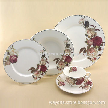 30pcs New Bone China Dinnerware Set, Rose with Shiny Gold Line, Elegant Decal